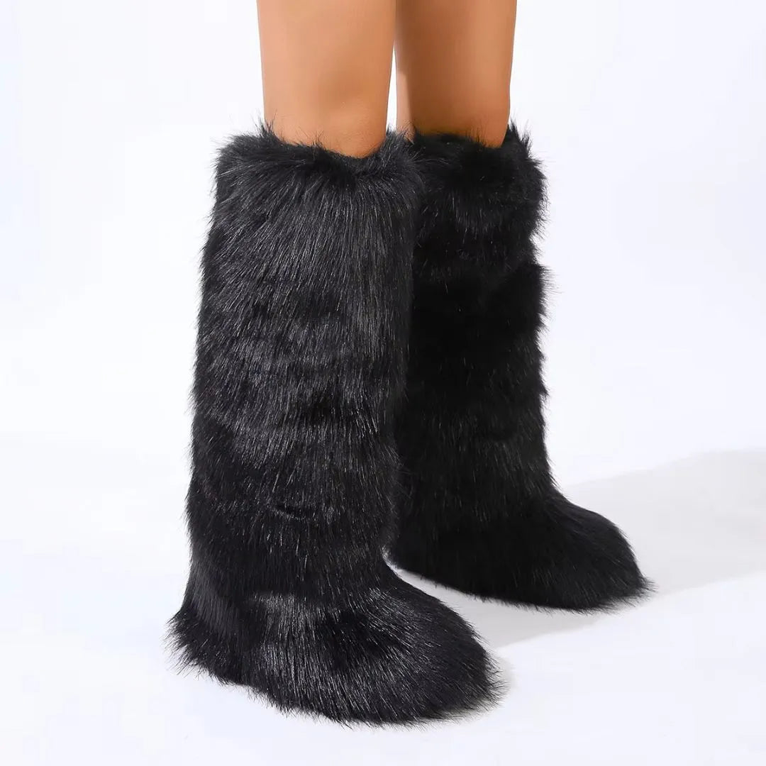Women's Warm Knee High Boots - Flared Shaft, Faux Fur
