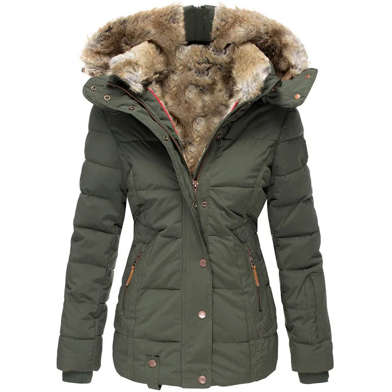 Women’s Warm Winter Coat - Quilted Midlength, Faux Fur Hood