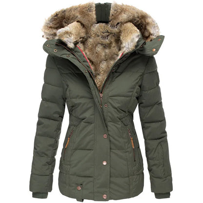 Women’s Warm Winter Coat - Quilted Midlength, Faux Fur Hood