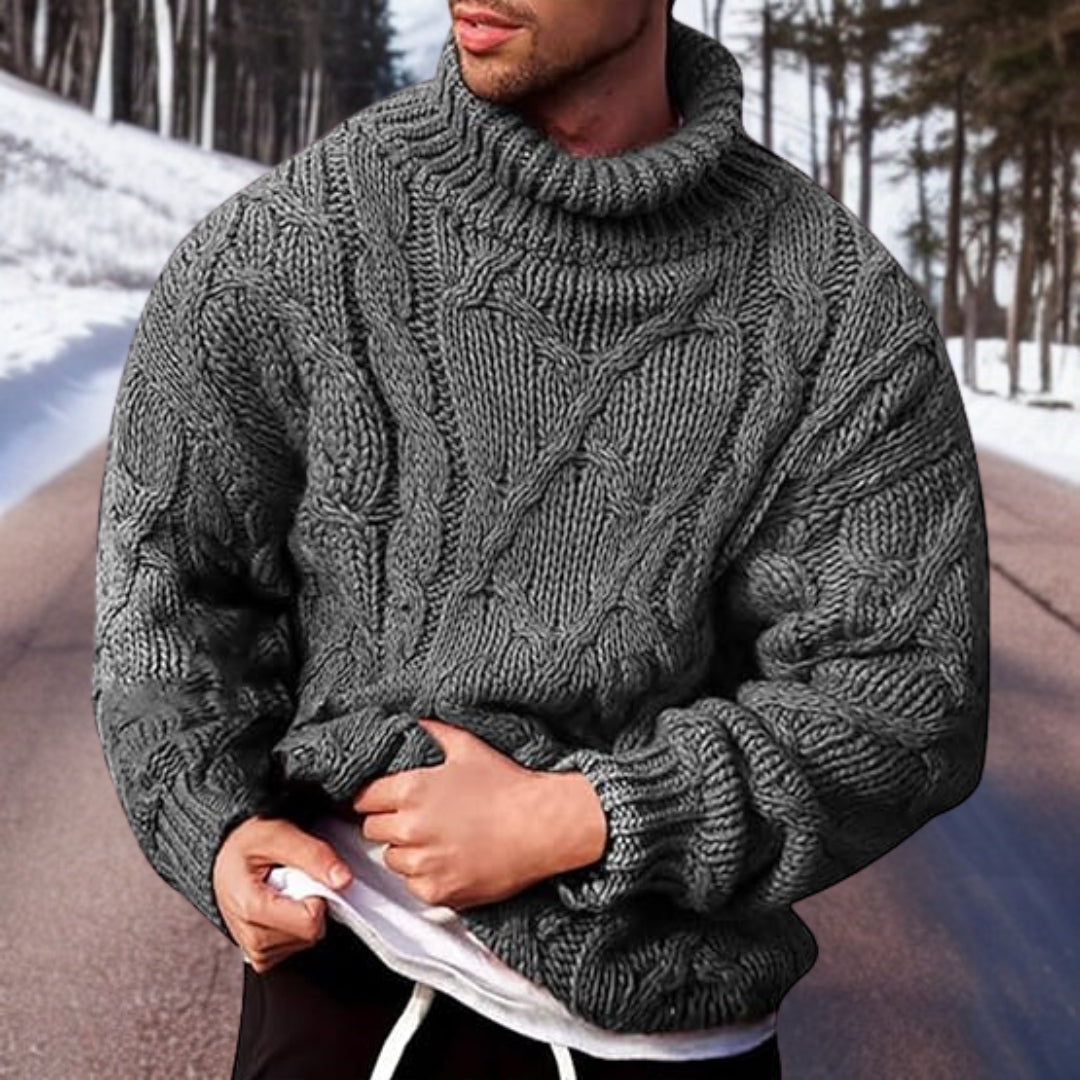 Men's Warm Cable Knit Sweater - Oversized Turtleneck Winter