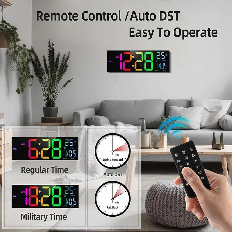 Large Digital Wall Clock with Remote Control, RGB Mood Lighting, Dual Alarm and Countdown Timer for Home or Office 1