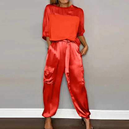 Leichter und eleganter Damen Zweiteiler – halbärmelige Bluse, atmungsaktiver Satin, für Alltag und Abend 2