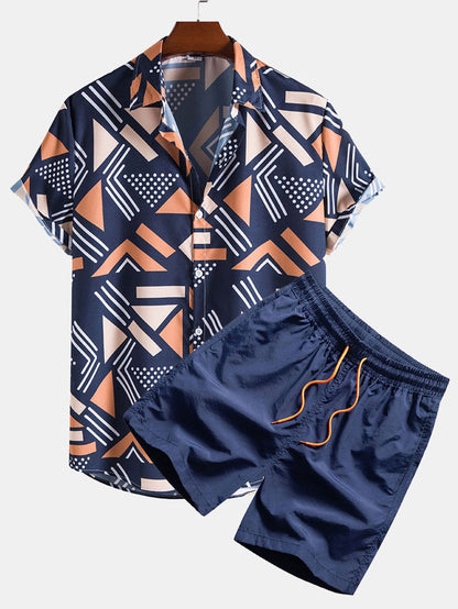 Leichtes Herren Freizeit Set – Kurzarm Hemd mit bequemen Shorts, Digitaldruck, für den Alltag 1