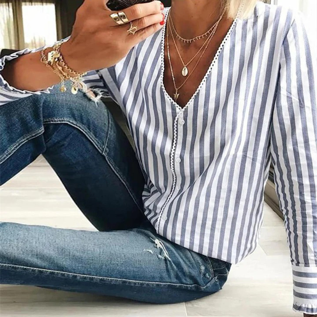 Lightweight women's blouse – long sleeve striped design, polyester, for summer outings 1