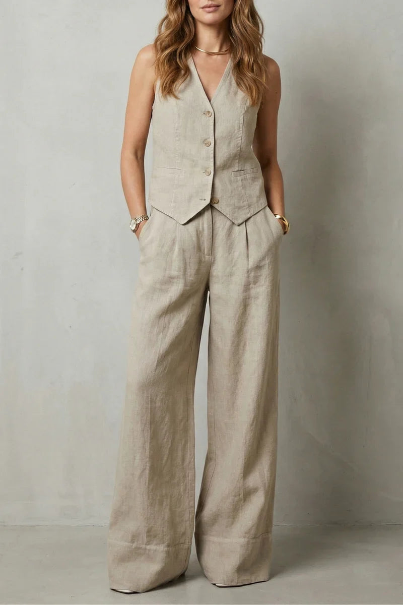 v-neck sleeveless top with button vest and loose straight trousers, linen, casual wear – Light women's vest suit