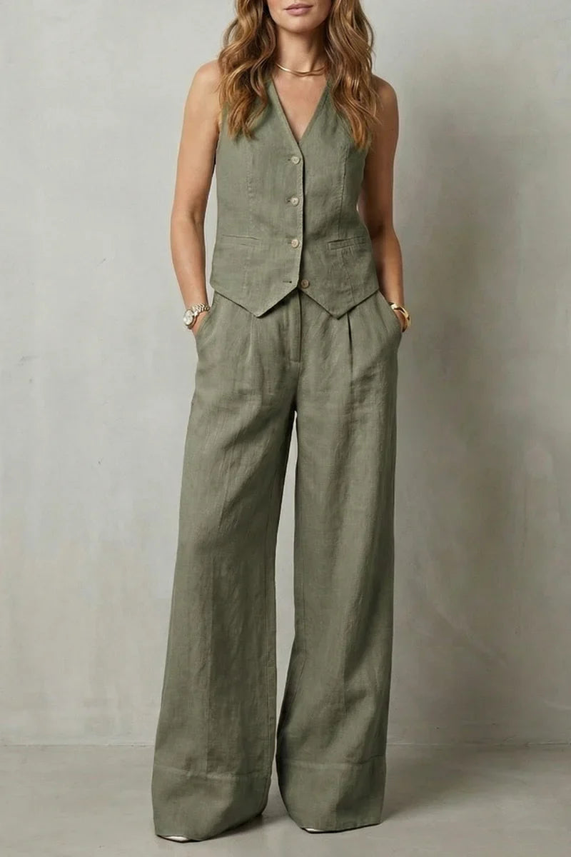 v-neck sleeveless top with button vest and loose straight trousers, linen, casual wear – Light women's vest suit