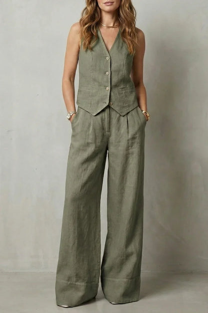 v-neck sleeveless top with button vest and loose straight trousers, linen, casual wear – Light women's vest suit