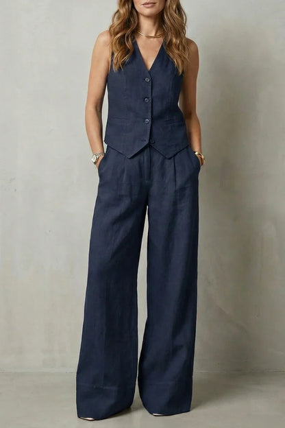 v-neck sleeveless top with button vest and loose straight trousers, linen, casual wear – Light women's vest suit