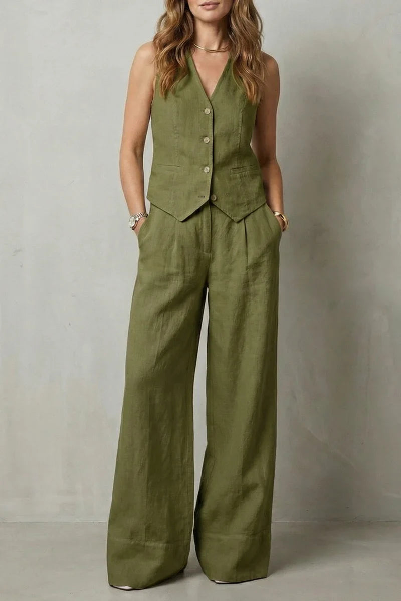 v-neck sleeveless top with button vest and loose straight trousers, linen, casual wear – Light women's vest suit