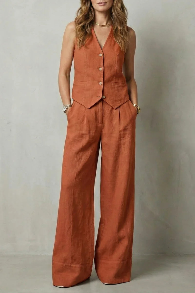 v-neck sleeveless top with button vest and loose straight trousers, linen, casual wear – Light women's vest suit