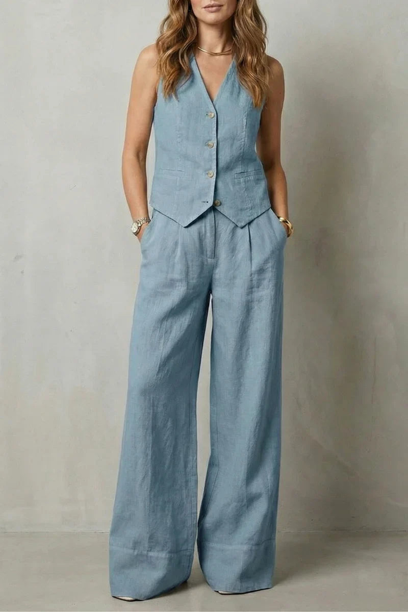 v-neck sleeveless top with button vest and loose straight trousers, linen, casual wear – Light women's vest suit