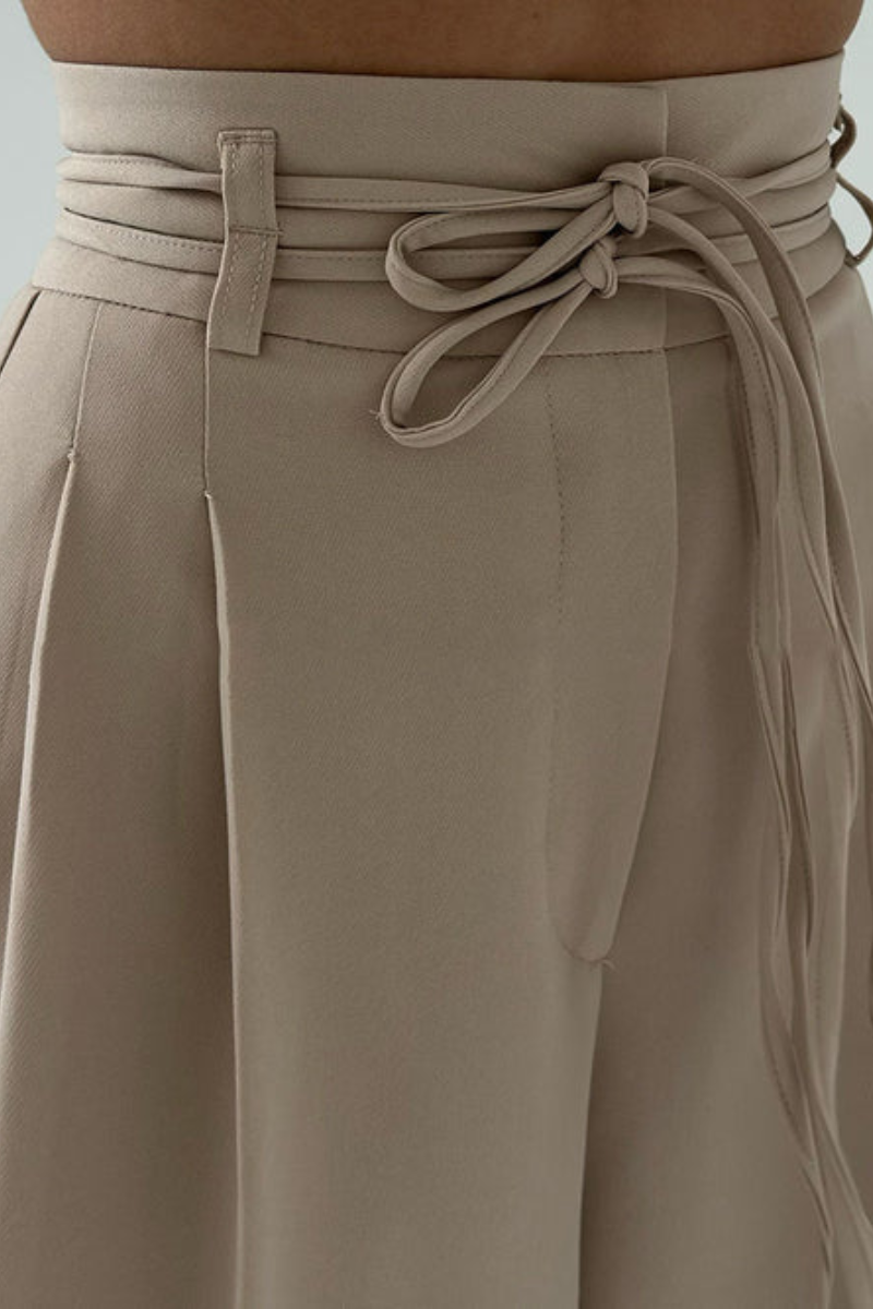 Variant image for High-Waisted Wide Leg Trousers with Adjustable Belt in Beige, Soft Flowy Fabric, Loose Fit Palazzo Pants-8