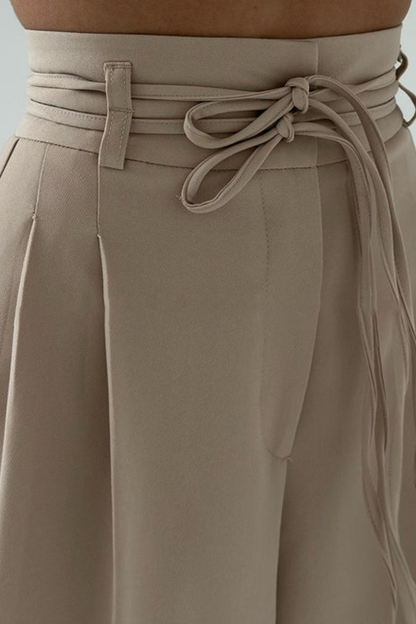 Variant image for High-Waisted Wide Leg Trousers with Adjustable Belt in Beige, Soft Flowy Fabric, Loose Fit Palazzo Pants-8