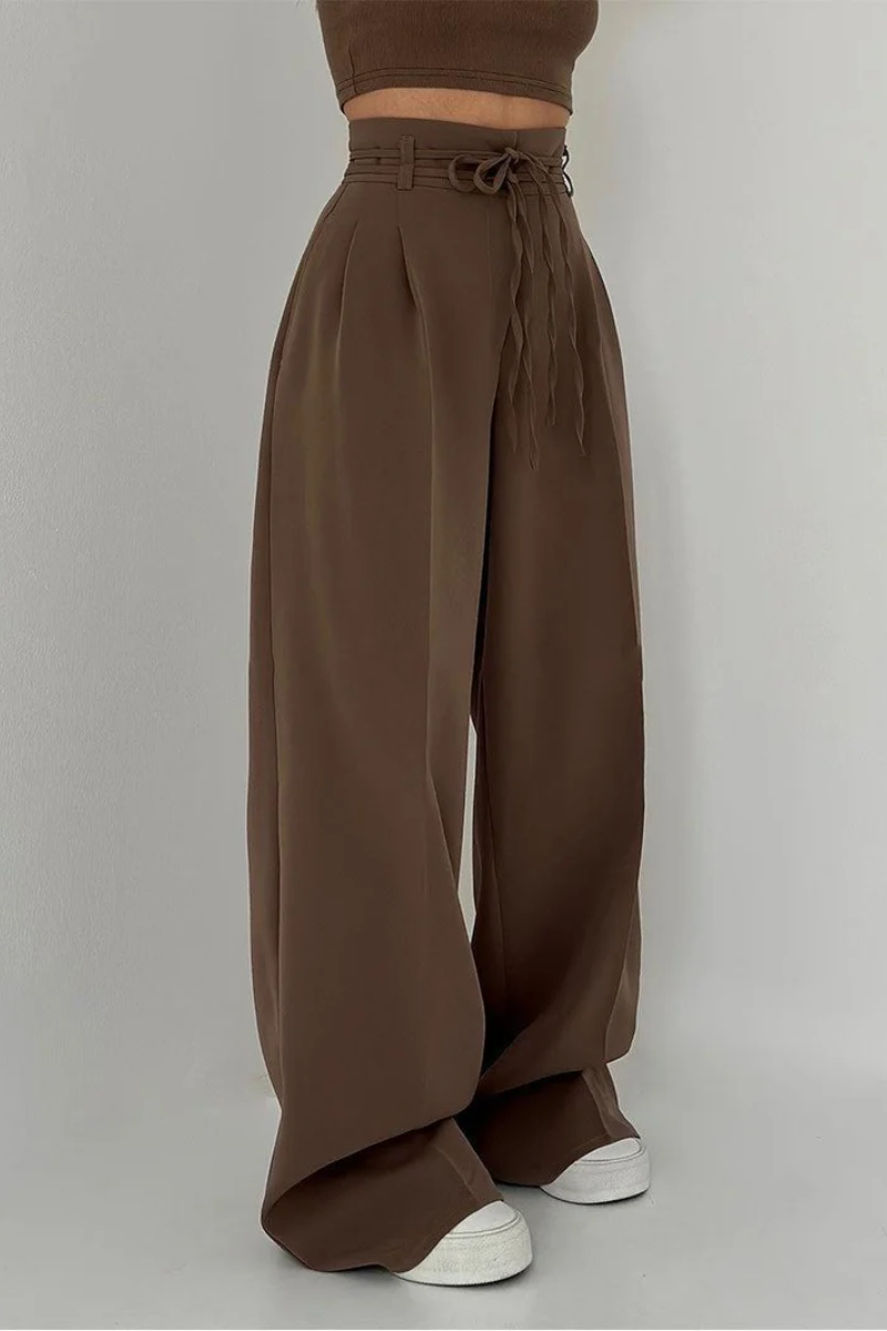Variant image for High-Waisted Wide Leg Trousers with Adjustable Belt in Beige, Soft Flowy Fabric, Loose Fit Palazzo Pants-1