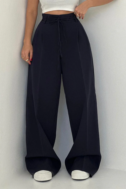 High-Waisted Wide Leg Trousers with Adjustable Belt in Beige, Soft Flowy Fabric, Loose Fit Palazzo Pants-5