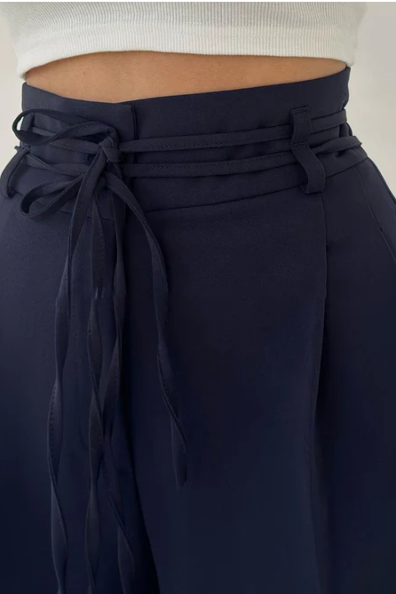 Variant image for High-Waisted Wide Leg Trousers with Adjustable Belt in Beige, Soft Flowy Fabric, Loose Fit Palazzo Pants-16