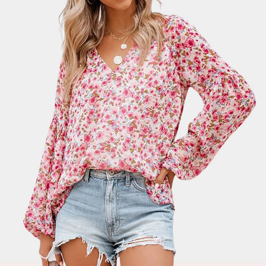 Luftige Damenbluse – langärmeliges Blumenmuster, atmungsaktives Material, für den Sommer 0