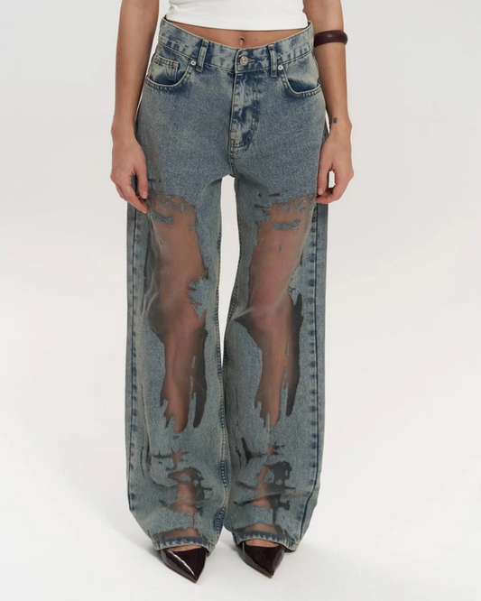 High-Waisted Wide Leg Jeans for Women with Unique Mesh Patchwork Design, Vintage Wash Denim-1