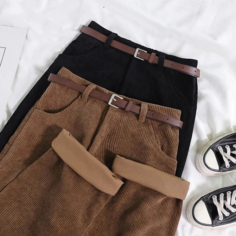 High Waist Corduroy Pants for Women, Wide Leg Cotton Trousers in Black and Coffee, Comfortable Casual Style-5