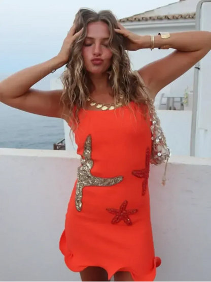 Variant image for Women's Summer Mini Dress with Ruffled Hem and Beaded Starfish Embellishments in Sky Blue, Orange, and White-6
