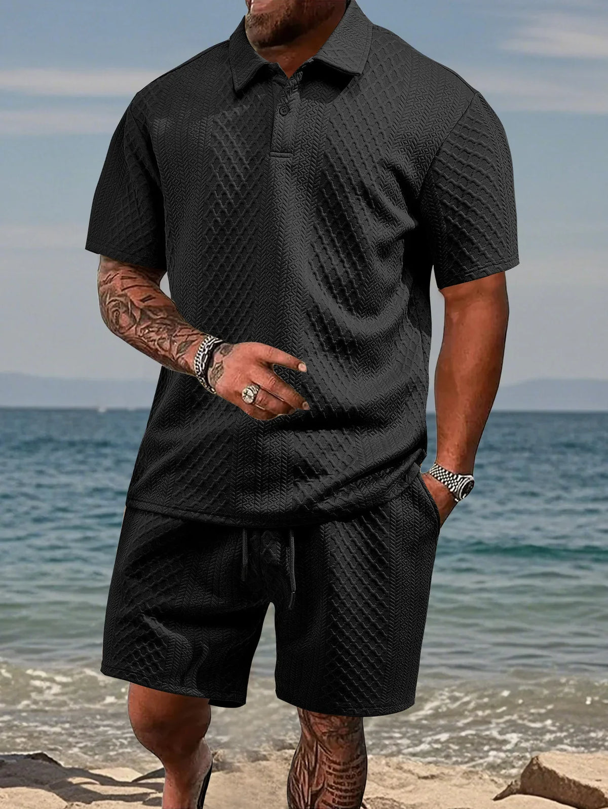 Mens Polo Shirt in Jacquard Fabric, Breathable Short-Sleeved Casual Shirt for Summer Wear 2