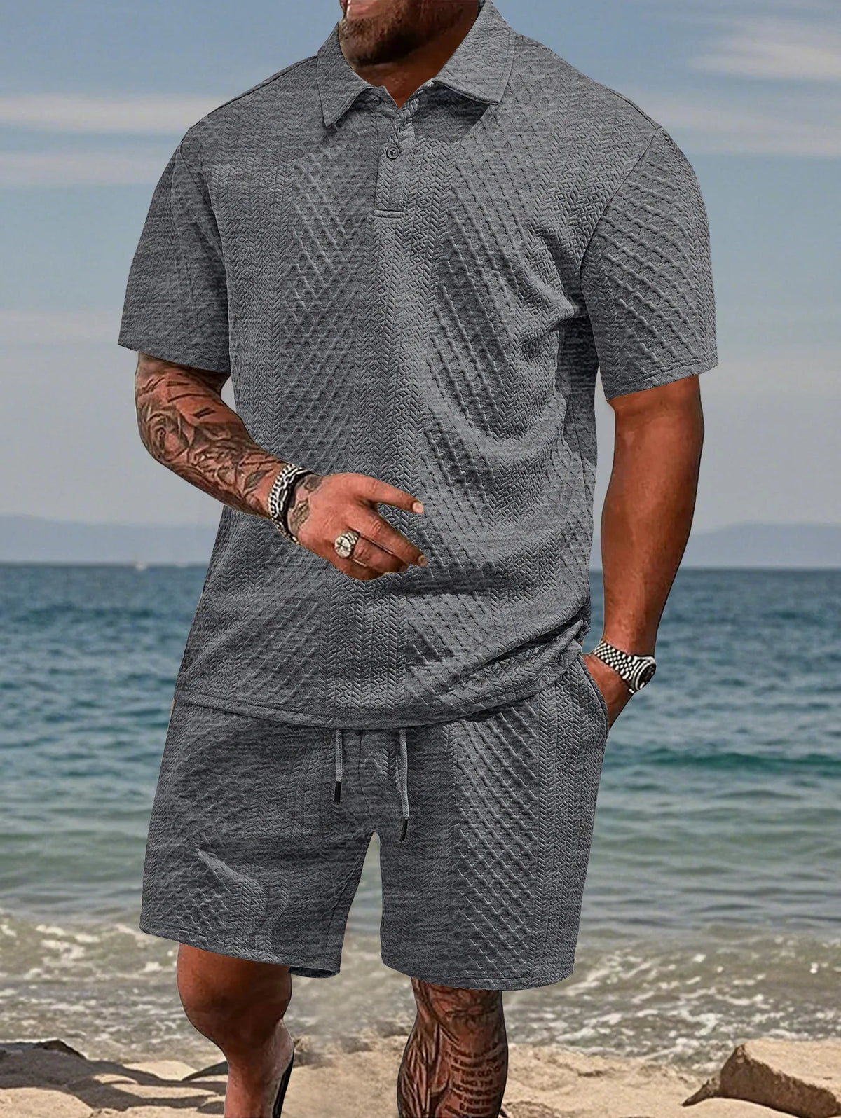 Mens Polo Shirt in Jacquard Fabric, Breathable Short-Sleeved Casual Shirt for Summer Wear 4