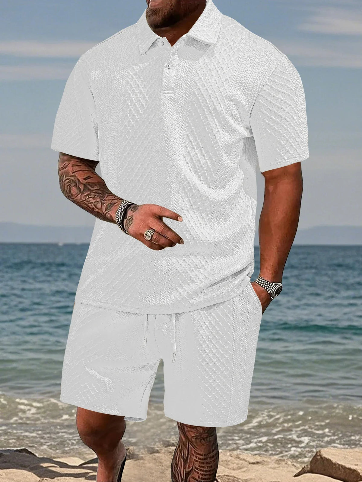 Mens Polo Shirt in Jacquard Fabric, Breathable Short-Sleeved Casual Shirt for Summer Wear 7