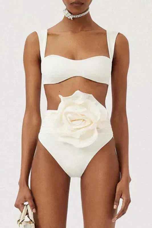 White Bikini Set with Floral Embellishment, High Waisted Swimsuit, Ruched High Waist Bikini Bottom for Women-2