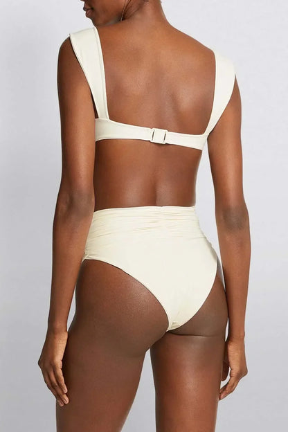 White Bikini Set with Floral Embellishment, High Waisted Swimsuit, Ruched High Waist Bikini Bottom for Women-5
