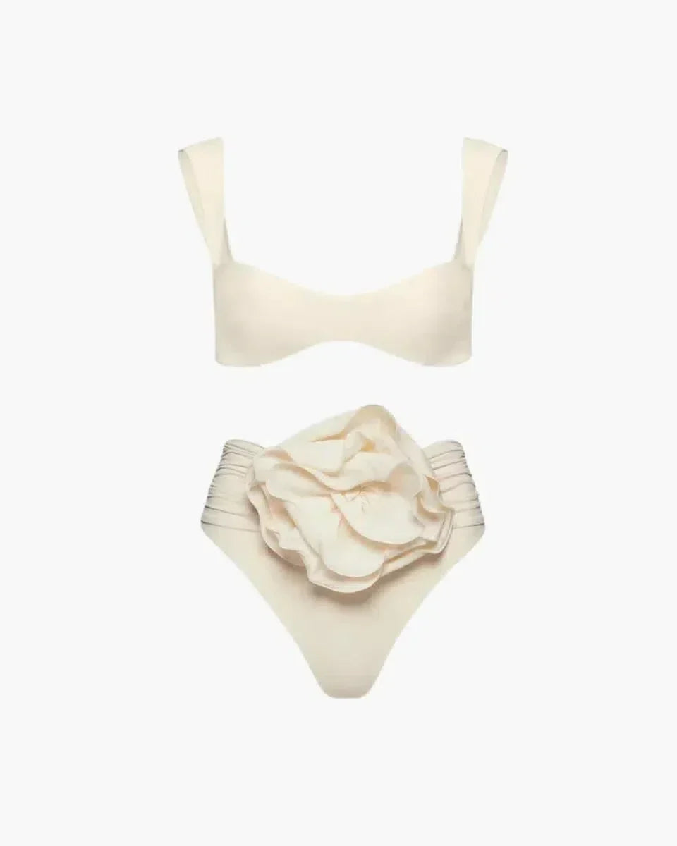 Variant image for White Bikini Set with Floral Embellishment, High Waisted Swimsuit, Ruched High Waist Bikini Bottom for Women-1
