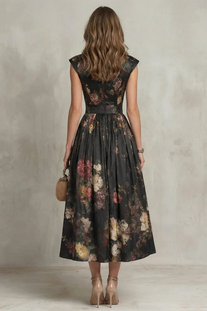 Light women's maxi dress - floral-printed, high-waisted, pleated, polyester, for street fashion