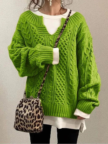 Women’s Oversized Cable Knit Sweater - V Neck, Knit Winter
