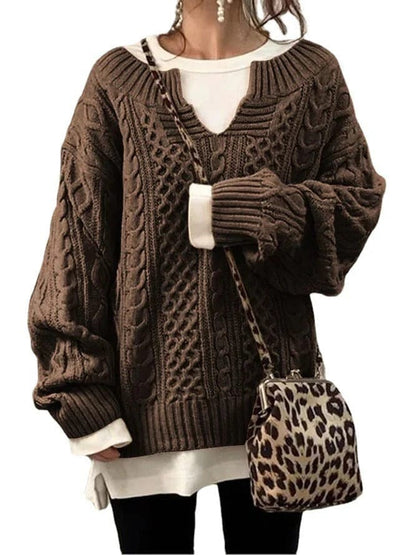 Women’s Oversized Cable Knit Sweater - V Neck, Knit Winter