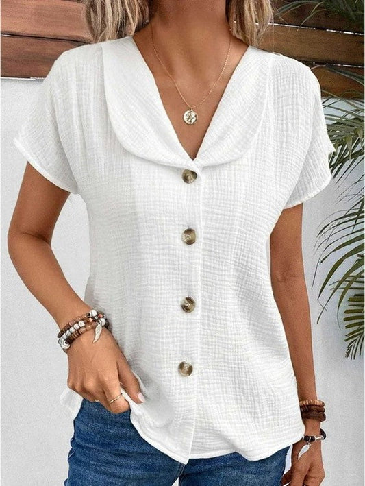 Chic Women's Blouse, Relaxed Fit Summer Top with Button-Down Design and Short Sleeves, Breathable Fabric-1
