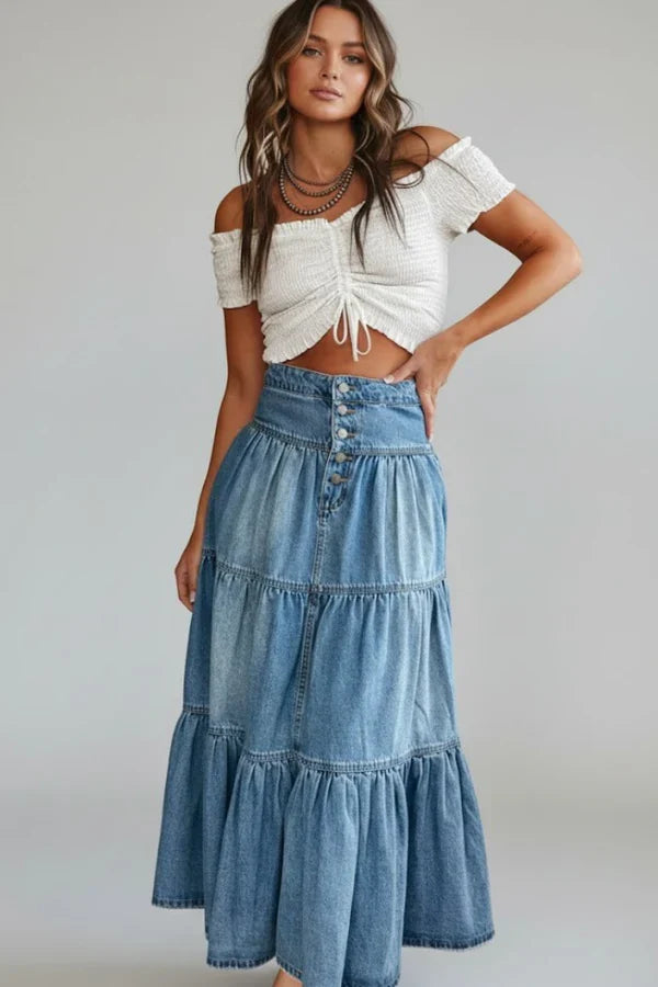 A-Line, Timeless Mid-Length, Tiered, Button-Front, Denim, Casual Wear – Plush Women's Denim Skirt