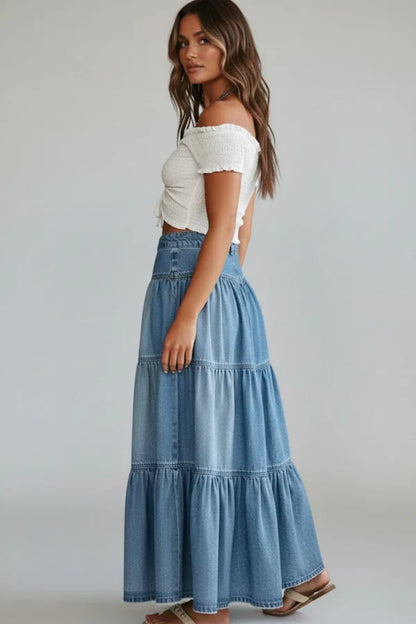 A-Line, Timeless Mid-Length, Tiered, Button-Front, Denim, Casual Wear – Plush Women's Denim Skirt
