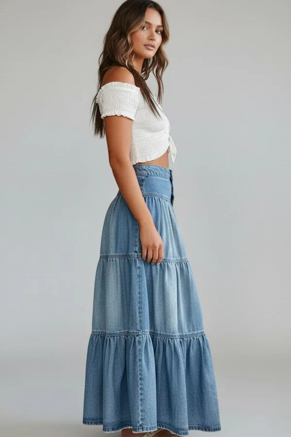 A-Line, Timeless Mid-Length, Tiered, Button-Front, Denim, Casual Wear – Plush Women's Denim Skirt