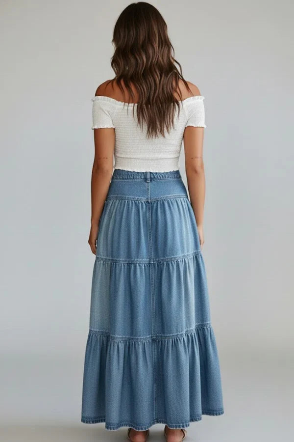 A-Line, Timeless Mid-Length, Tiered, Button-Front, Denim, Casual Wear – Plush Women's Denim Skirt