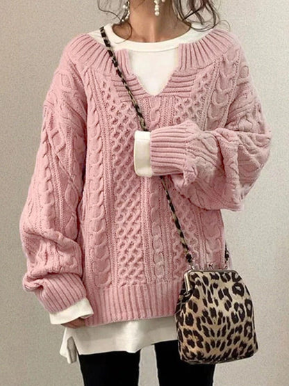 Women’s Oversized Cable Knit Sweater - V Neck, Knit Winter