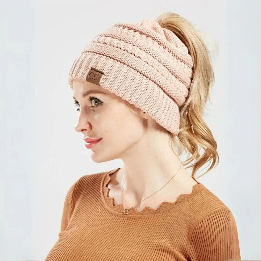 Cozy Warm Women's Ponytail Beanie - Ribbed Knit, Winter
