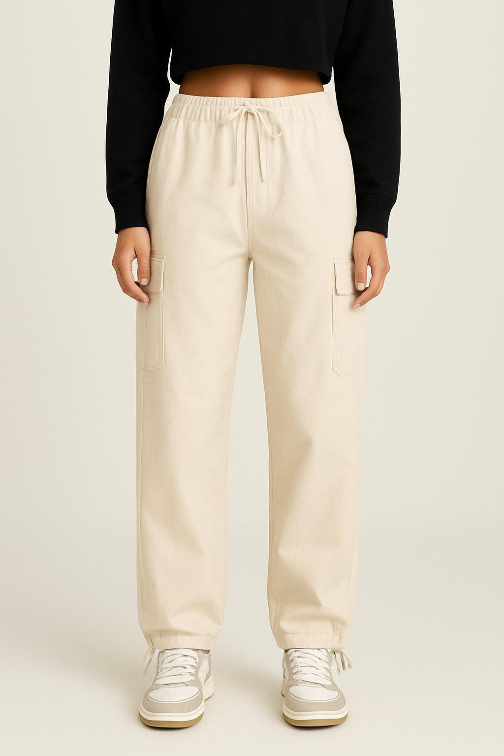 Beige Parachute Pants for Men with Adjustable Waist and Multiple Pockets, Lightweight Relaxed Fit-3
