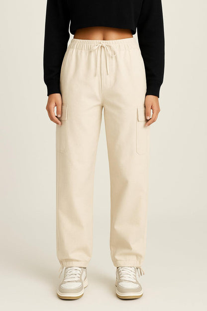Beige Parachute Pants for Men with Adjustable Waist and Multiple Pockets, Lightweight Relaxed Fit-3