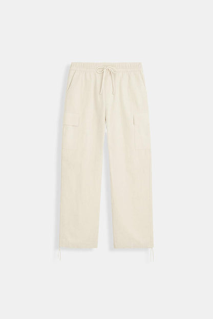 Beige Parachute Pants for Men with Adjustable Waist and Multiple Pockets, Lightweight Relaxed Fit-2