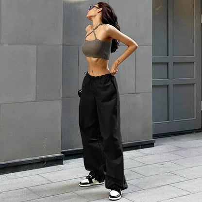 Black Parachute Pants with Adjustable Waist, Multiple Pockets, Lightweight Fabric for Casual and Urban Style-1