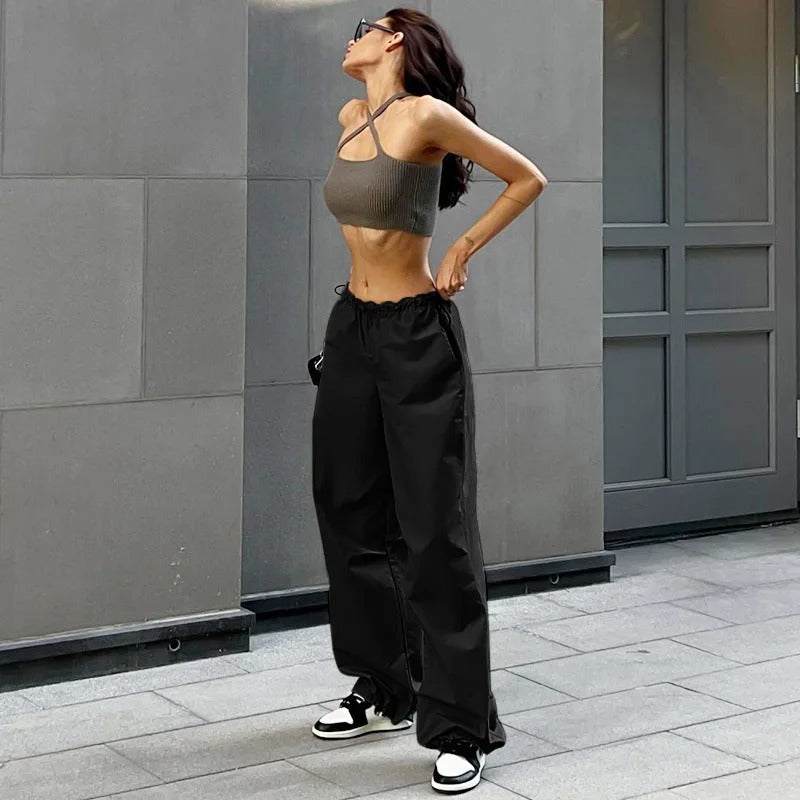 Variant image for Black Parachute Pants with Adjustable Waist, Multiple Pockets, Lightweight Fabric for Casual and Urban Style-1