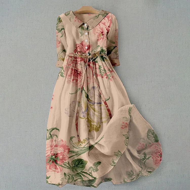 Variant image for Vintage Floral Maxi Dress for Women, Lightweight Adjustable Drawstring Summer Dress, Full-Length Elegant Fit-1