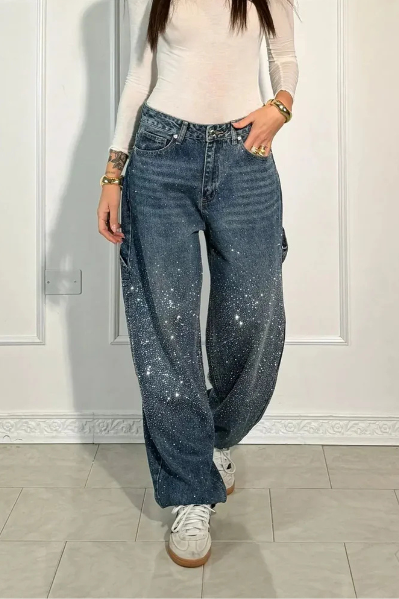 Variant image for Relaxed Fit Blue Denim Straight Leg Jeans with Rhinestone Embellishments for Casual Glamour-1