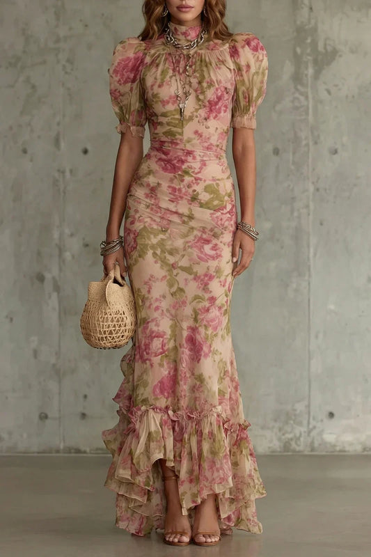 women's Fitted puff-sleeve dress - slim-fit, long-pleated, floral print, for special occasions
