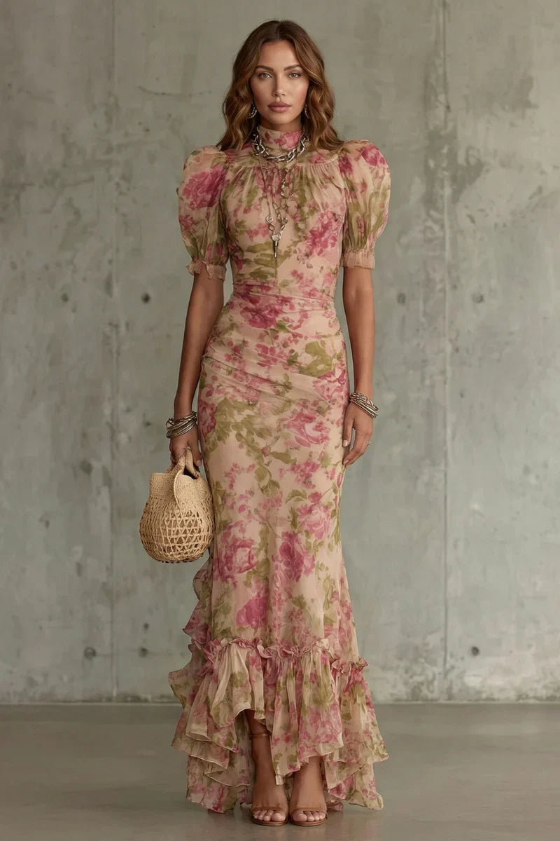 women's Fitted puff-sleeve dress - slim-fit, long-pleated, floral print, for special occasions
