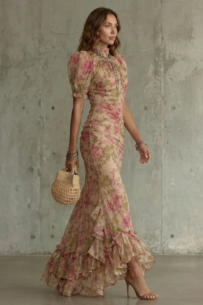 women's Fitted puff-sleeve dress - slim-fit, long-pleated, floral print, for special occasions